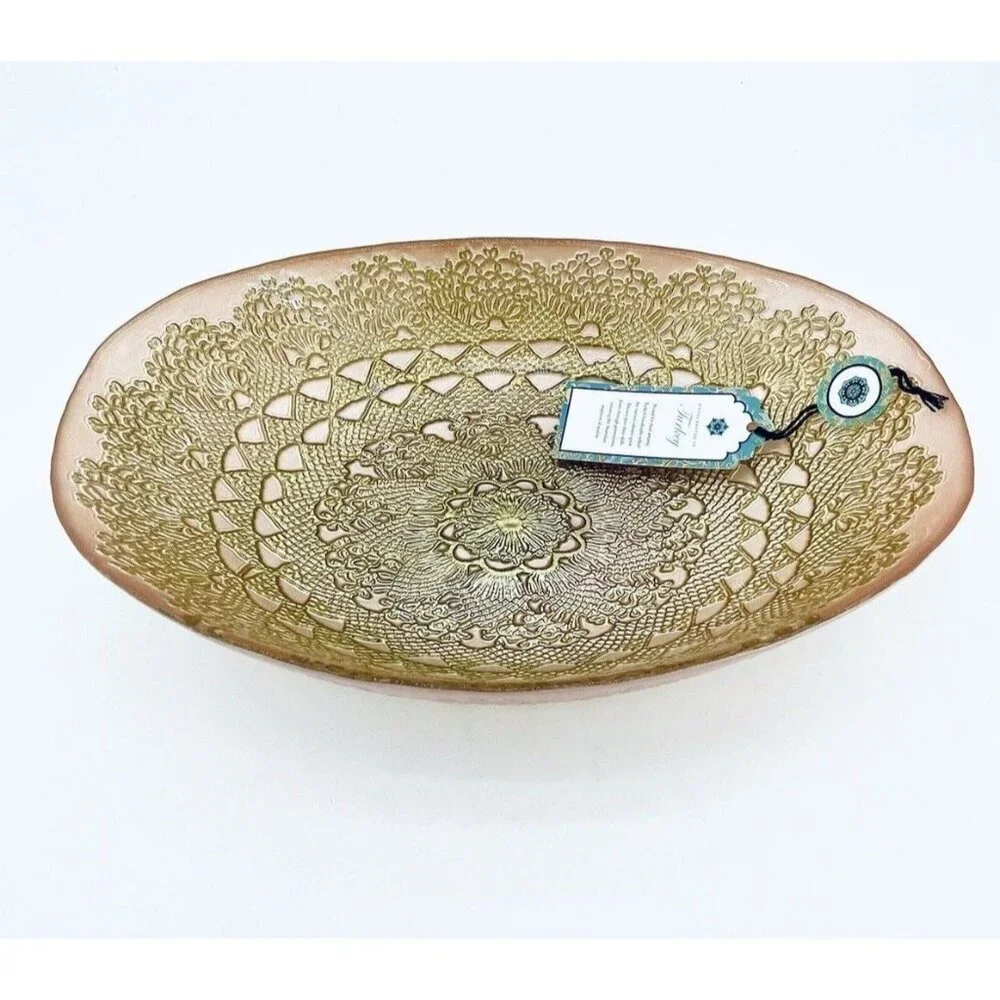 Turkish Glass Pink Oval Bowl Serving Salad Dinner Gold Lace Print Handmade NWT